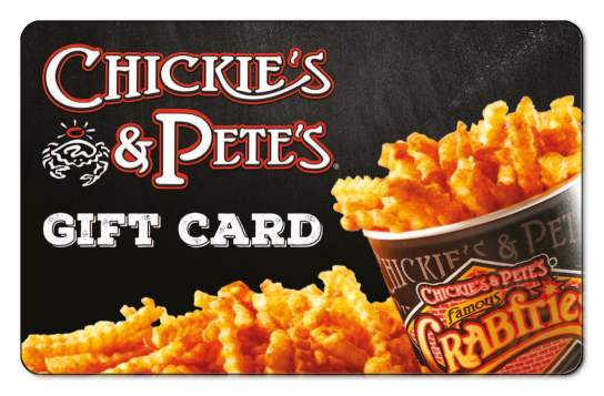 Chickie's and Pete's logo over distressed grey background with photo of french fry bucket at bottom